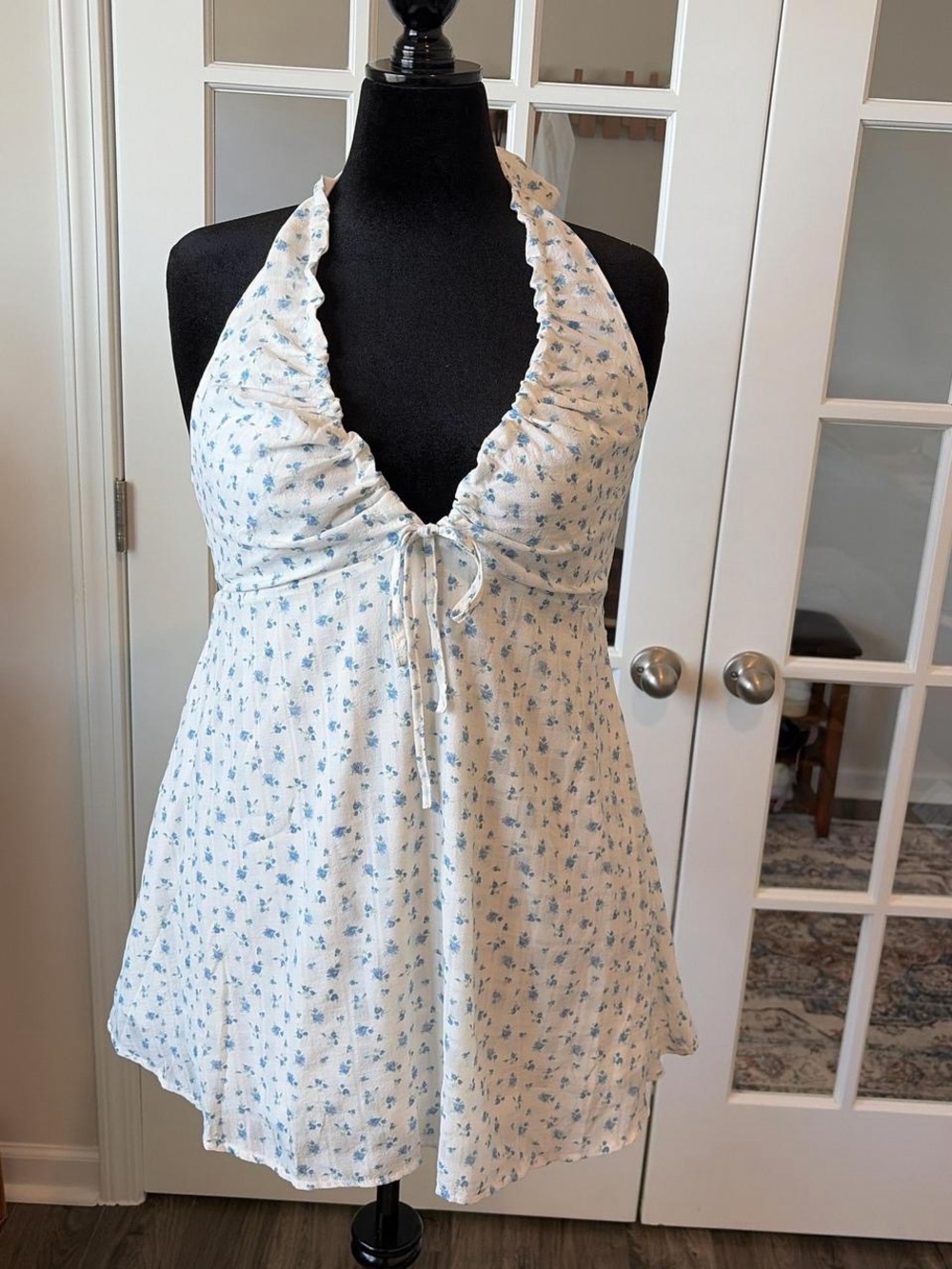 Women's Halter Mini Dress in Cream with Blue Floral Print